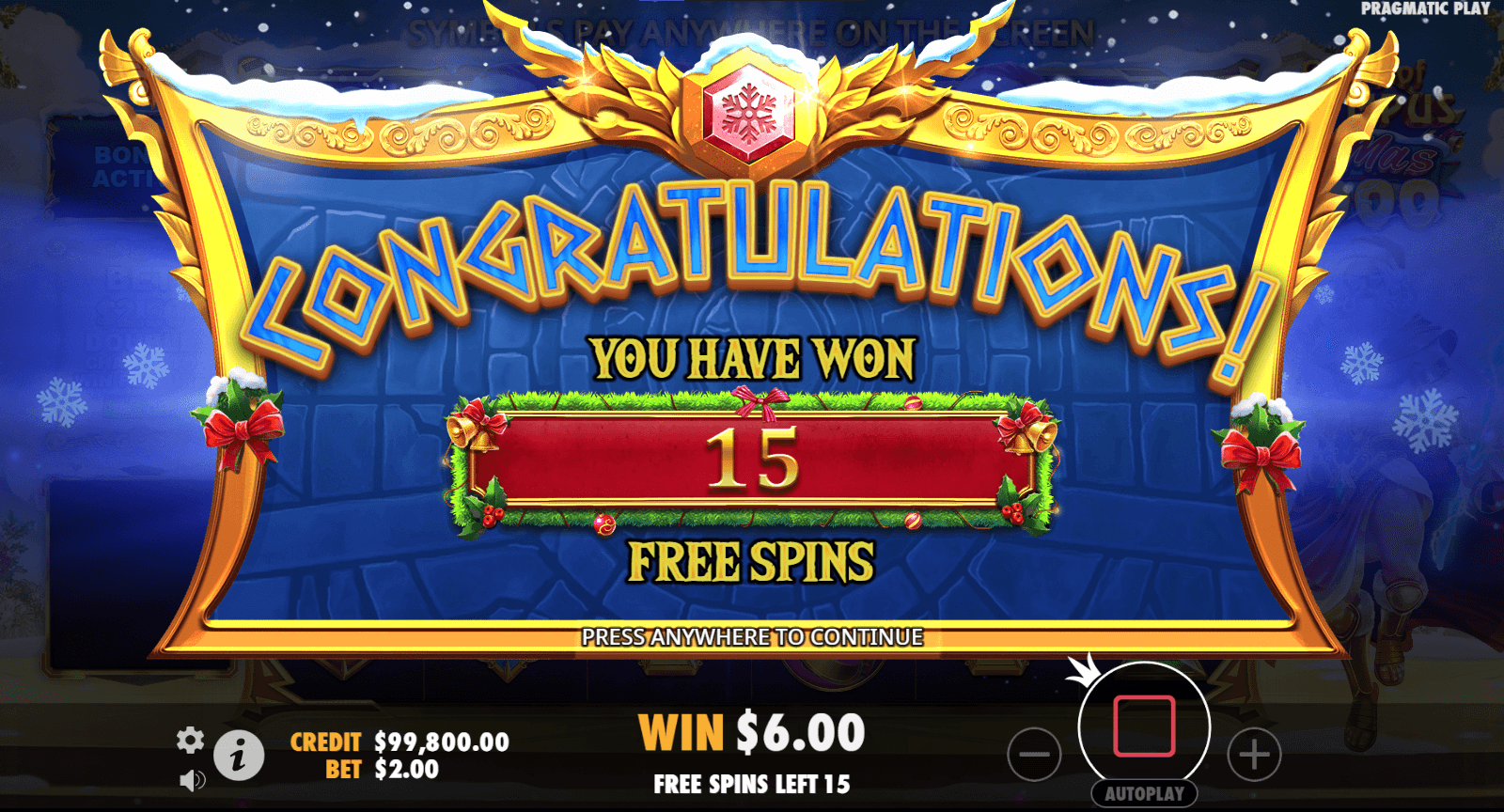 Gates of Olympus Xmas 1000 Free Spins Screen