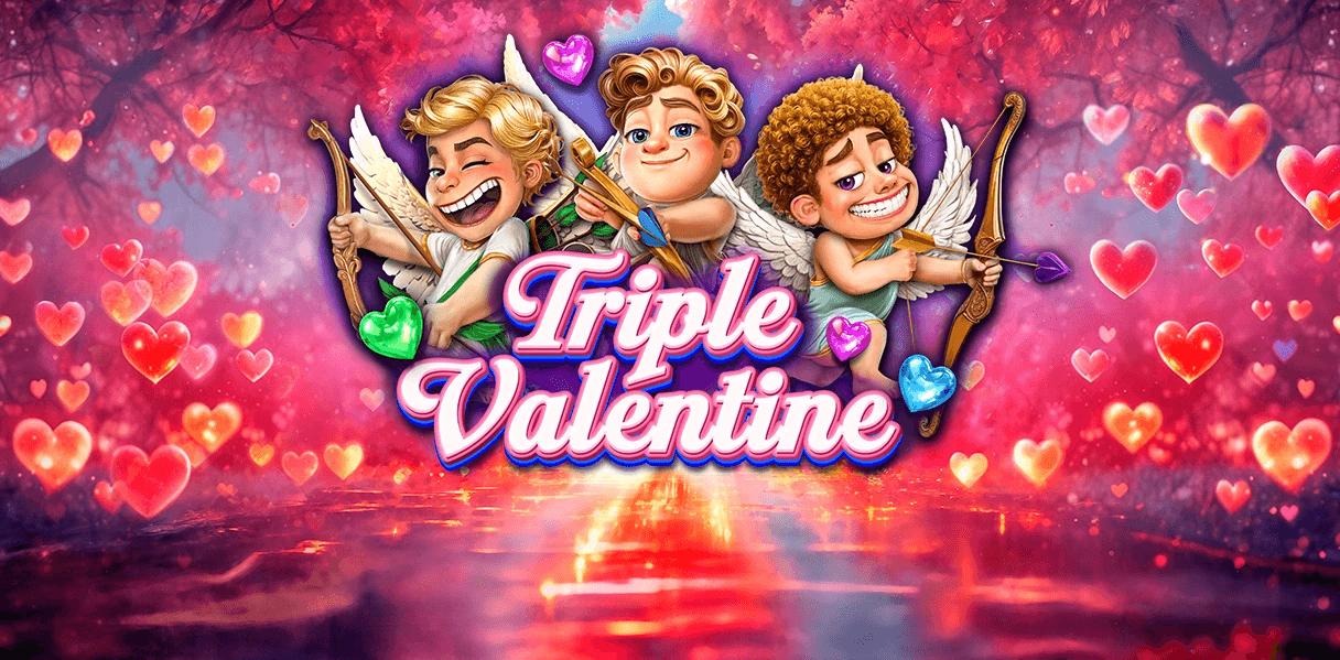 Triple Valentine slot title image by Red Rake, highlighting a romantic Valentine theme with heart motifs and glossy